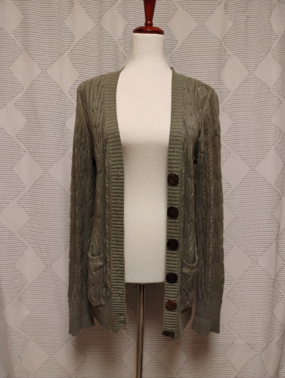Laura Ashley Sage Green Cable Knit Cardigan Wood Style Buttons 100% Cotton L